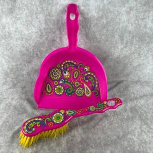 Vtg Floral Paisley Cleaning Brush & Dustpan Set Hot Pink Green Plastic Retro HTF